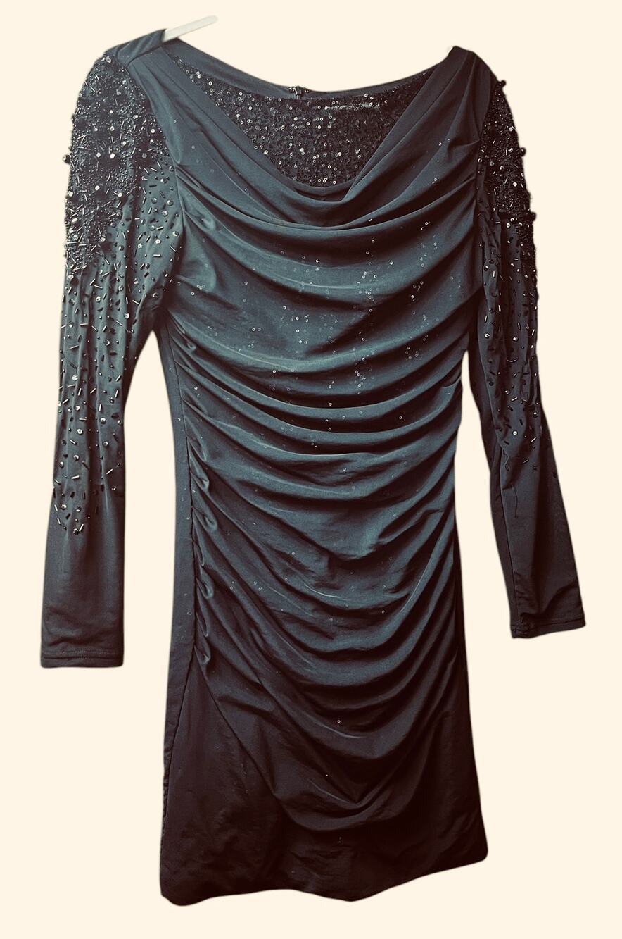 Belle by Badgley Mischka Black Sequined Dress with Black Mesh Overlay Size 6